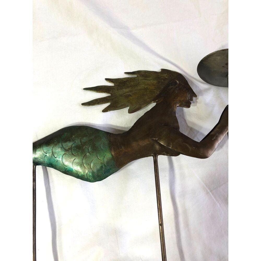 VtgY2K Metal Mermaid Candle Holder 16" Verdigris Patina Nautical Folk Art Statue - Picture 3 of 9